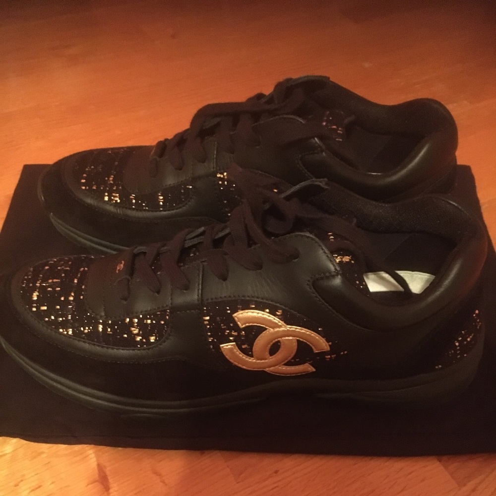 Chanel leather and tweed runners in black and gold. Size 13 US. Gently worn once